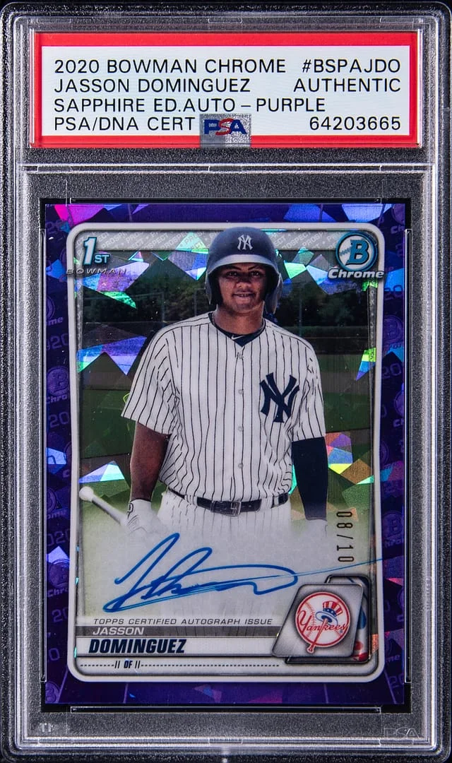 2020 Bowman Chrome Sapphire Jasson Dominguez Edition Autograph Green #BSPAJDO card image