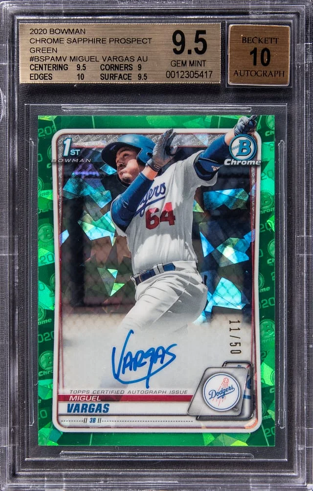 2020 Bowman Chrome Sapphire Miguel Vargas Prospect Green #BSPA-MV card image