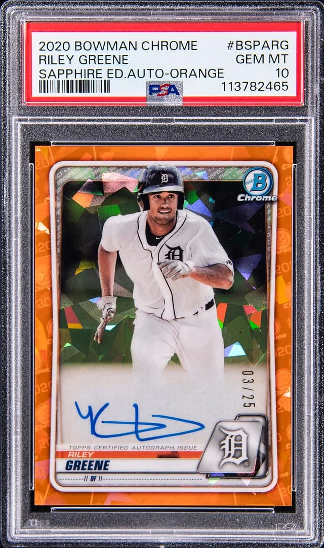 2020 Bowman Chrome Sapphire Riley Greene Edition Autograph-Orange #BSPARG card image