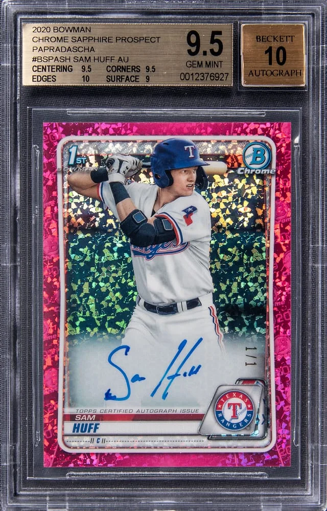2020 Bowman Chrome Sapphire Sam Huff Prospect Autographs Padparadscha #BSPA-SH card image