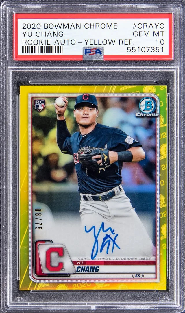 2020 Bowman Chrome Yu Chang Autographs Yellow Refractor #CRA-YC card image