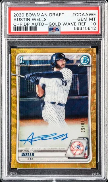 2020 Bowman Draft Austin Wells Chrome Draft Picks Autographs Gold Wave Refractor #CDAAWE card image