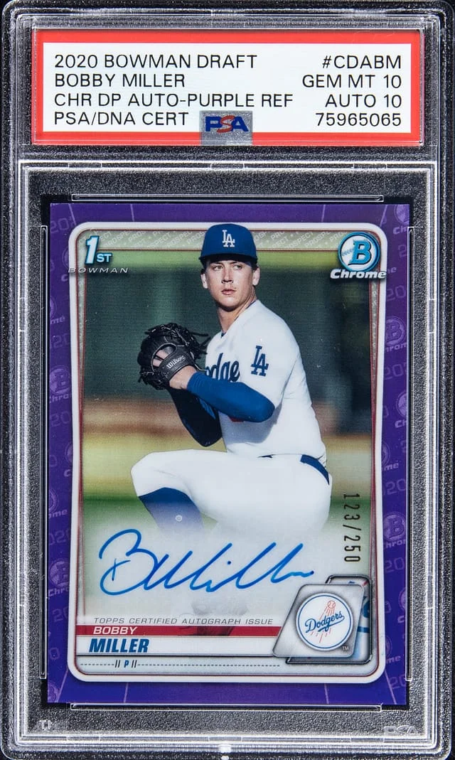 2020 Bowman Draft Bobby Miller Chrome Draft Picks Autograph Purple Refractor #CDA-BM card image