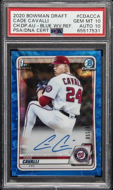 2020 Bowman Draft Cade Cavalli Chrome Draft Picks Autographs Blue Refractor #CDA-CCA card image