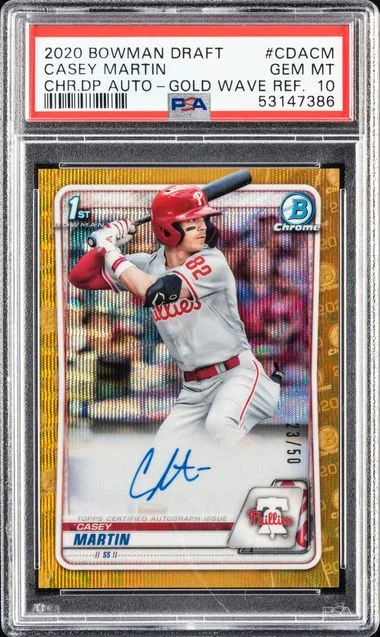 2020 Bowman Draft Casey Martin Chrome Draft Picks Autographs Gold Wave Refractor #CDACM card image