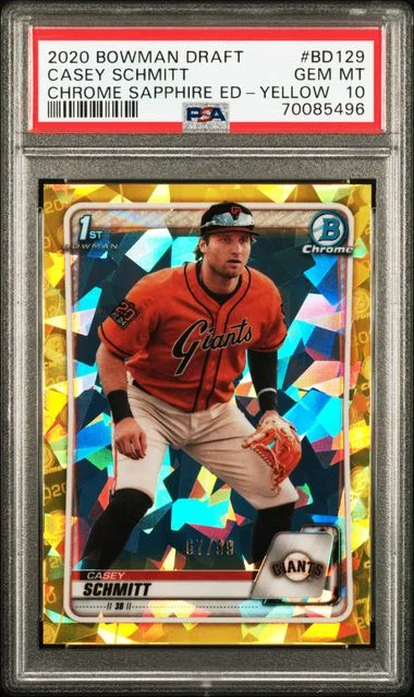 2020 Bowman Draft Casey Schmitt Chrome Sapphire Edition Yellow #BD-129 card image