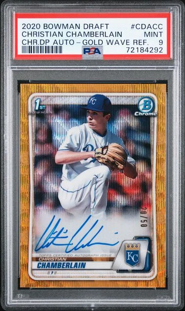 2020 Bowman Draft Christian Chamberlain Chrome Draft Picks Autographs Gold Wave Refractor #CDA-CC card image