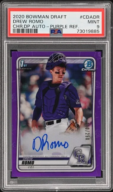 2020 Bowman Draft Drew Romo Chrome Draft Picks Autographs Purple Refractor #CDA-DR card image