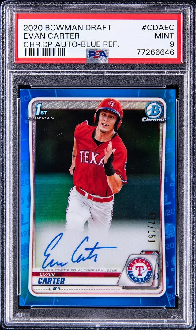 2020 Bowman Draft Evan Carter Chrome Draft Pick Autograph-Blue Refractor #CDAEC card image