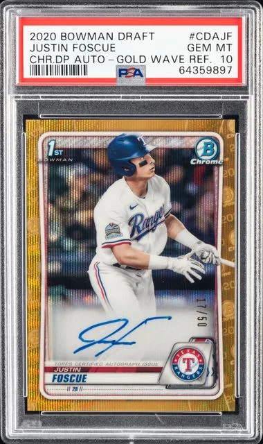 2020 Bowman Draft Justin Foscue Chrome Draft Picks Autographs Gold Wave Refractor #CDA-JF card image