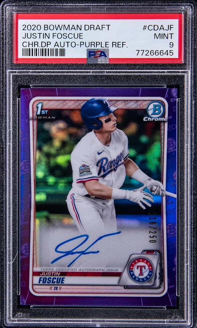 2020 Bowman Draft Justin Foscue Chrome Draft Pick Autograph Purple Refractor #CDAJF card image