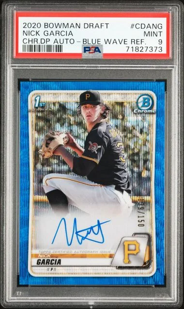 2020 Bowman Draft Nick Garcia Chrome Draft Picks Autographs Blue Wave Refractor #CDA-NG card image