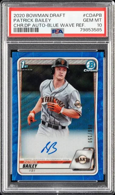 2020 Bowman Draft Patrick Bailey Chrome Draft Picks Autographs Blue Wave Refractor #CDA-PB card image