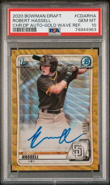 2020 Bowman Draft Robert Hassell Chrome Draft Picks Autographs Gold Wave Refractor #CCD-RHA card image
