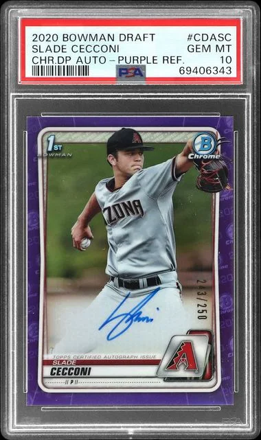 2020 Bowman Draft Slade Cecconi Chrome Draft Picks Autographs Purple Refractor #CDA-SC card image