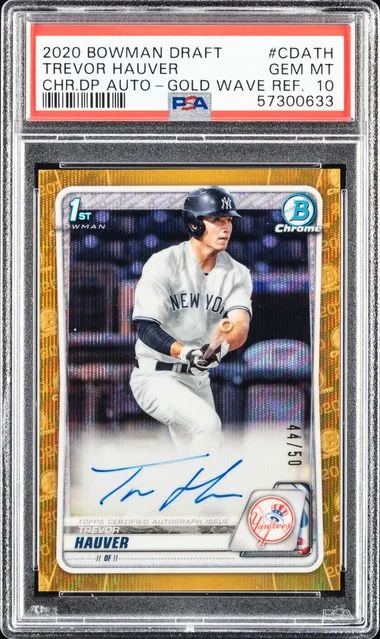 2020 Bowman Draft Trevor Hauver Chrome Draft Picks Autographs Gold Wave Refractor #CDATH card image