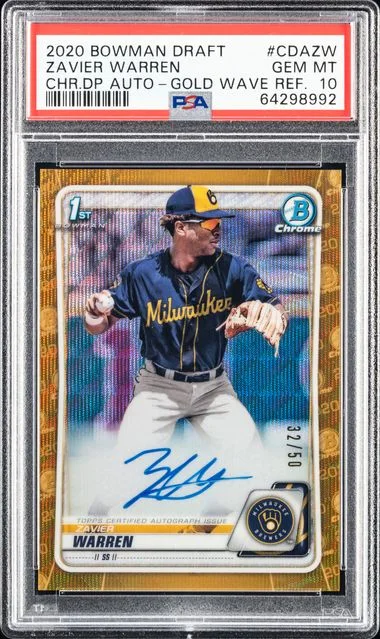 2020 Bowman Draft Zavier Warren Chrome Draft Picks Autographs Gold Wave Refractor #CDAZW card image