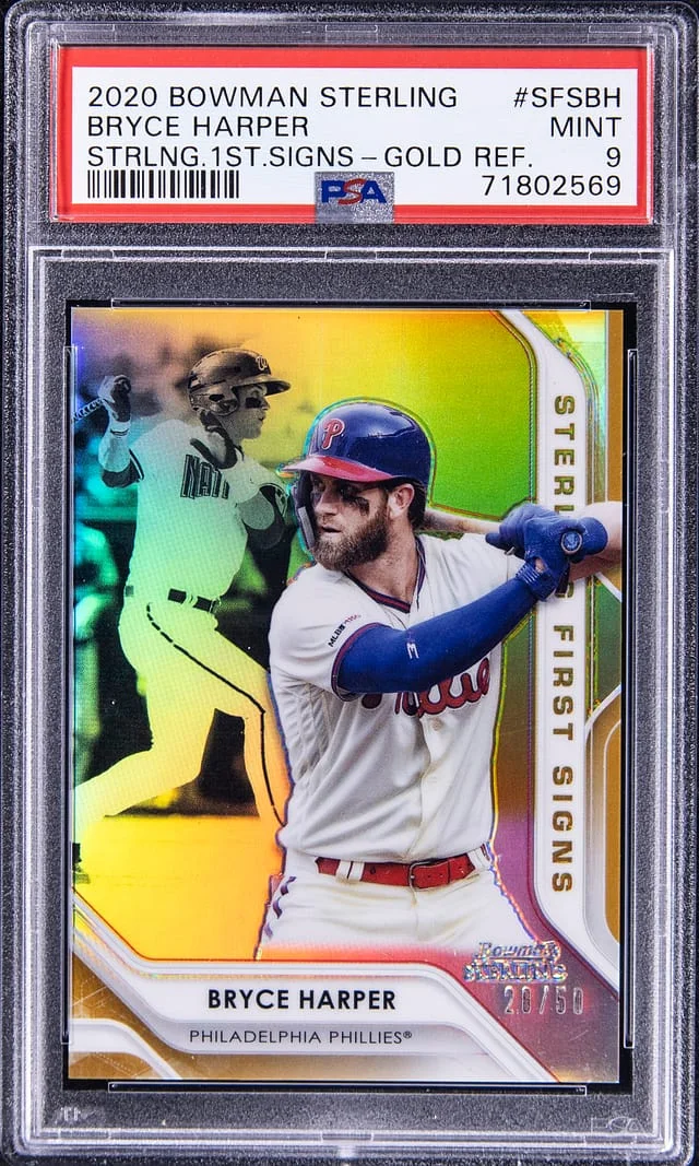2020 Bowman Sterling Bryce Harper Sterling 1st Signs - Gold Refractor #SFSBH card image
