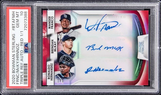 2020 Bowman Sterling Wander Franco, Brendan Mckay, Ronaldo Hernandez Multi-Signed Triple Autograph Canary Diamond Refractors #BTA-FMH card image