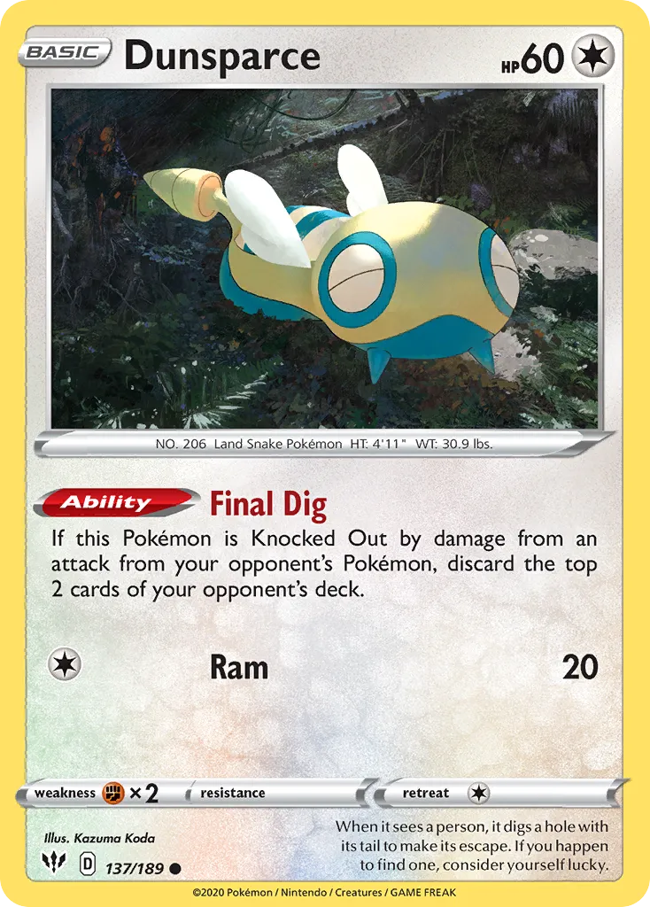 2020 Darkness Ablaze Dunsparce Common #137/189 Common card image