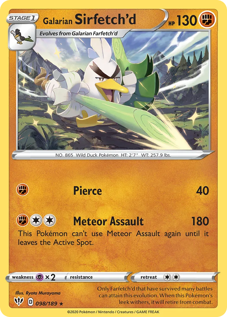 2020 Darkness Ablaze Galarian Sirfetch'd #098/189 Rare card image
