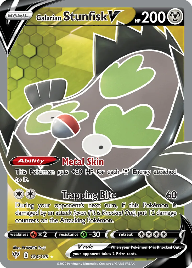 2020 Darkness Ablaze Galarian Stunfisk V #128/189 Rare Holo V card image