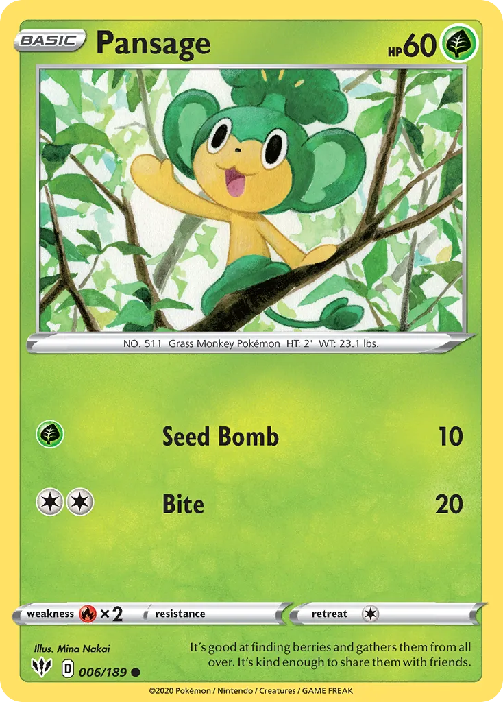 2020 Darkness Ablaze Pansage Common #006/189 Common card image