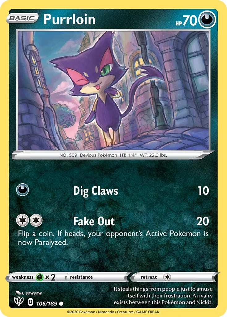 2020 Darkness Ablaze Purrloin #106/189 Common card image