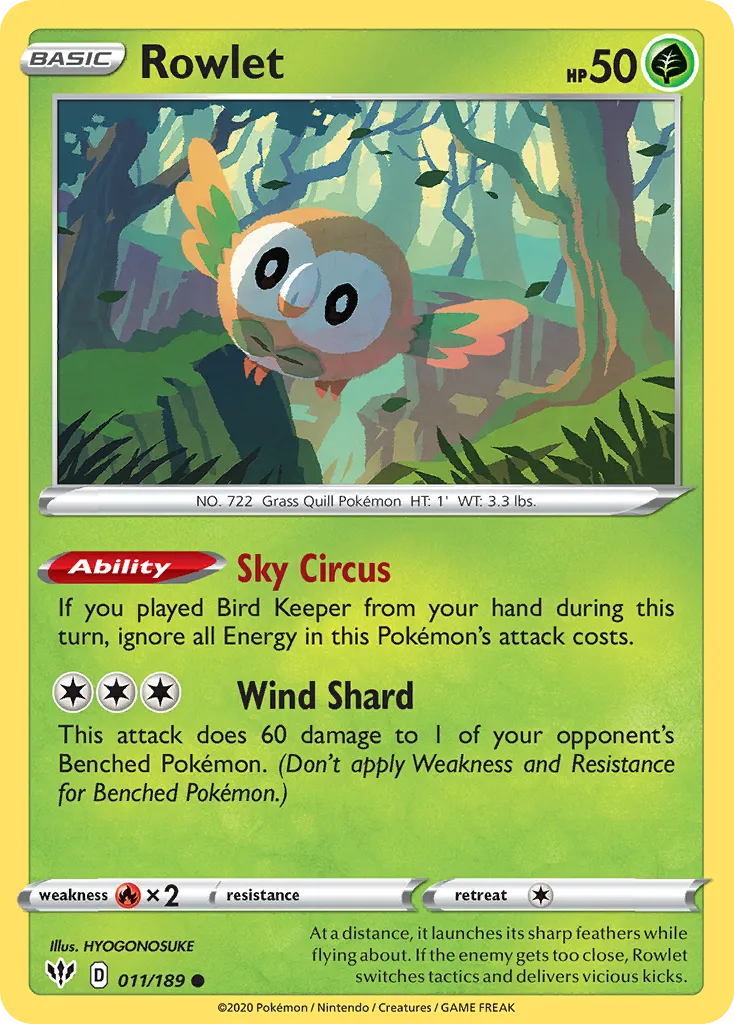2020 Darkness Ablaze Rowlet Common #011/189 Common card image