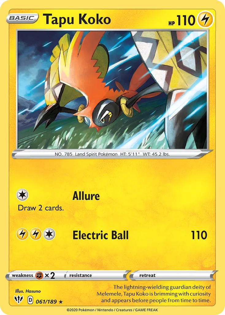 2020 Darkness Ablaze Tapu Koko #061/189 Rare Holo card image