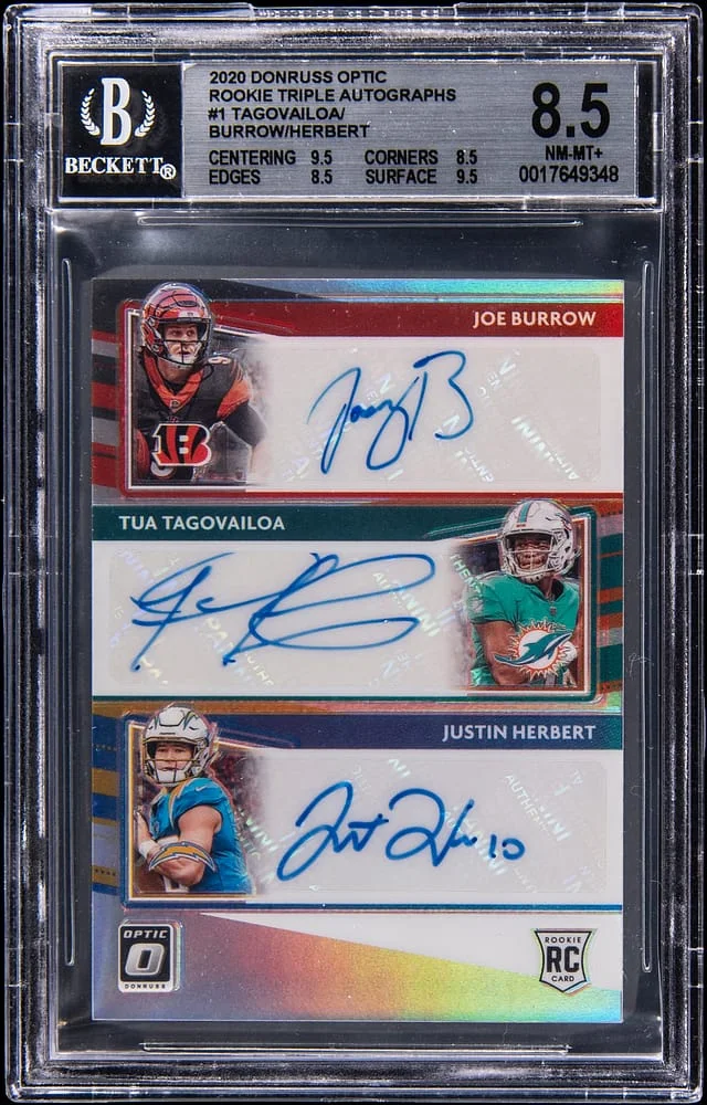 2020 Donruss Optic Joe Burrow/Tua Tagovailoa/Justin Herbert Multi-Signed Triple Autographs #RTA-BTH card image