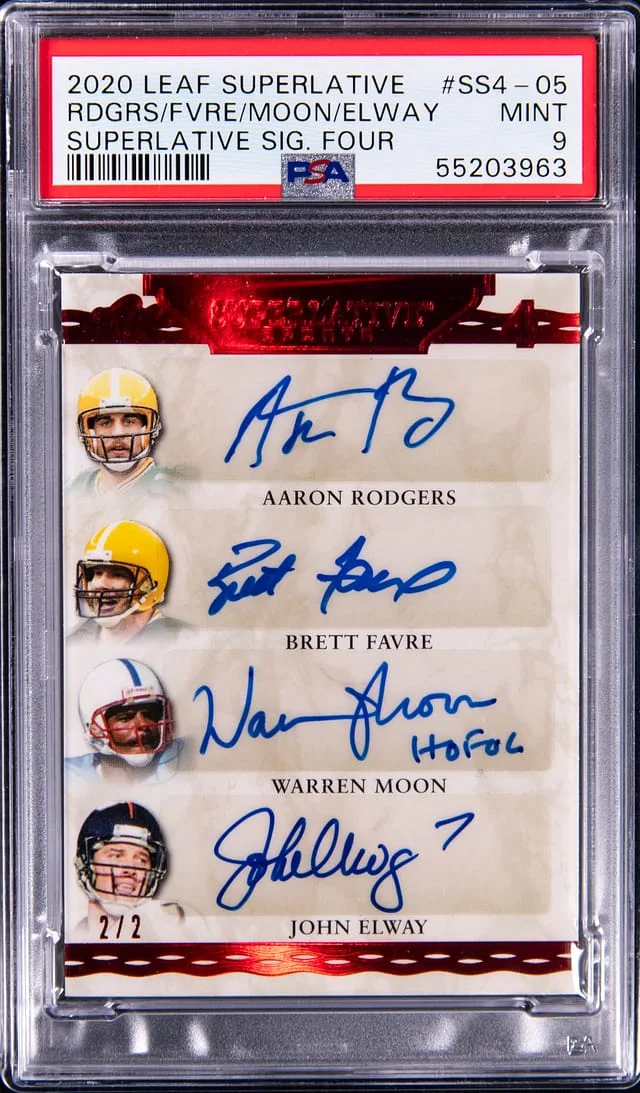 2020 Leaf Aaron Rodgers/Brett Favre/Warren Moon/John Elway Multi-Signed Superlative Signature Four #SS4-05 card image
