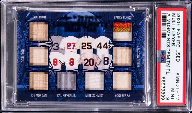 2020 Leaf Babe Ruth/Mike Trout/Joe Morgan/Cal Ripken Jr/Mike Schmidt/Yogi Berra/Willie McCovey/Barry Bonds In The Game Used Midsummer Nights Dream Team #MNDT-12 card image
