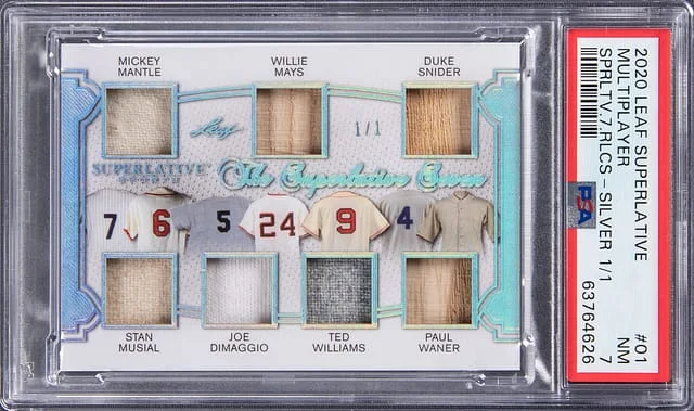 2020 Leaf DiMaggio/Mays/Mantle/Snider/Musial/Williams/Waner Game-Used Superlative 7 Relics Silver #01 card image