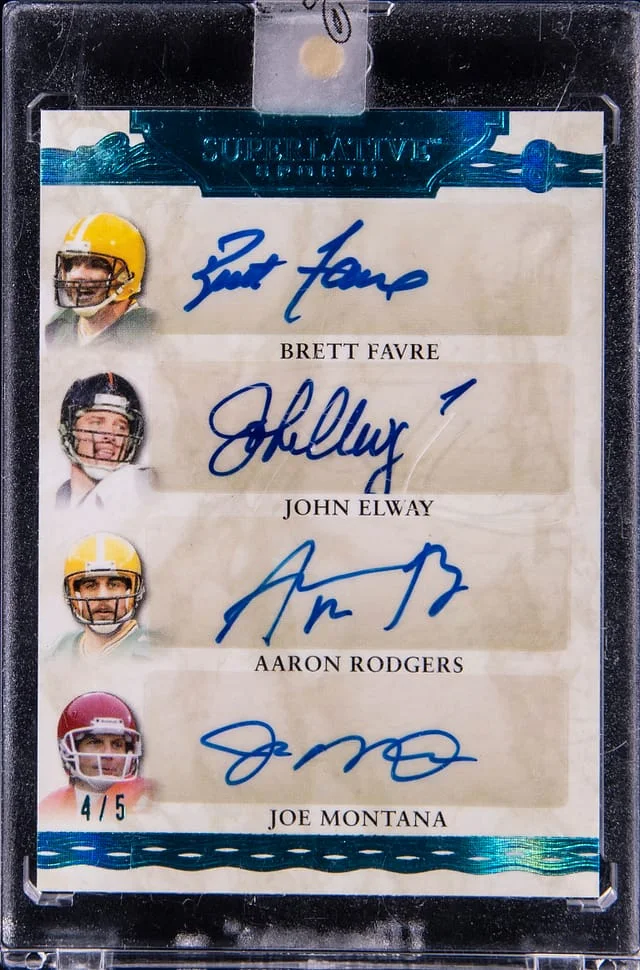 2020 Leaf Favre/Elway/Rodgers/Montana/Griese/Tittle/Aikman/Bradshaw Multi-Signed Card - Leaf Encased Superlative Sports #SS8-07 card image