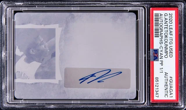 2020 Leaf Giannis Antetokounmpo In The Game Used Autographs Cyan Printing Plate #GUAGA1 card image