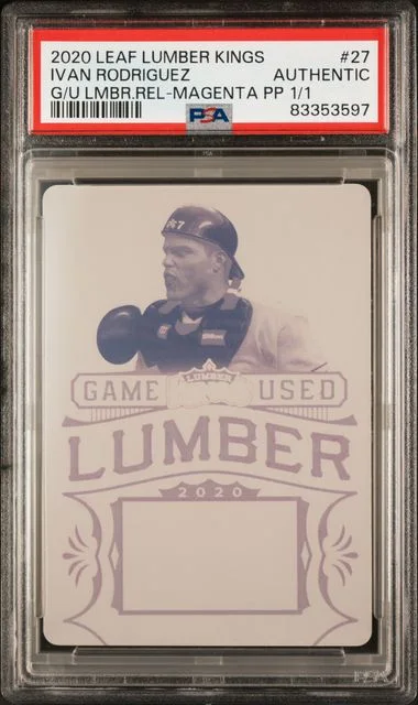 2020 Leaf Ivan Rodriguez Lumber Kings Game Used Lumber Relics Magenta Printing Plate 1/1 #27 card image