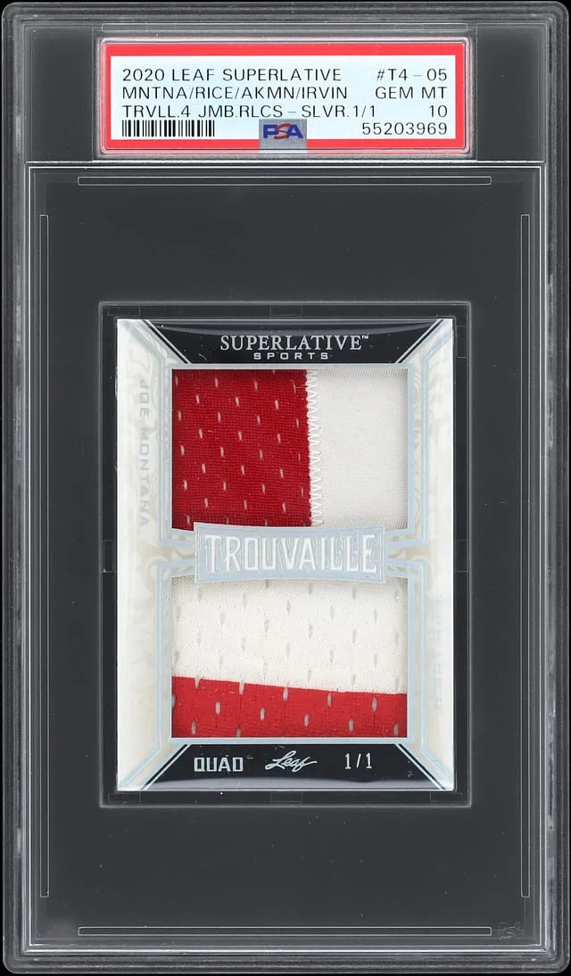 2020 Leaf Joe Montana/Jerry Rice/Troy Aikman/Michael Irvin Superlative Trouvaille Jumbo Relics Silver #T4-05 card image