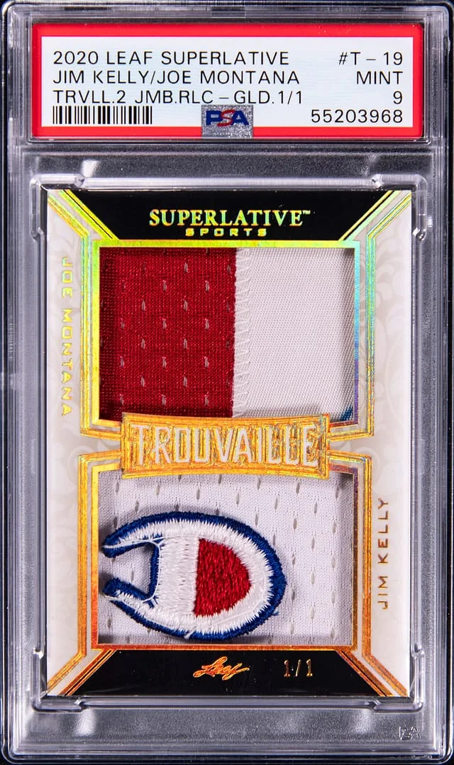 2020 Leaf Joe Montana/Jim Kelly Superlative Trouvaille Jumbo Relic Gold #T-19 card image