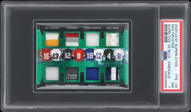 2020 Leaf Joe Montana/Tom Brady/Peyton Manning/Brett Favre/Dan Marino/Steve Young/Troy Aikman/Barry Sanders/Walter Payton/Jerry Rice/Michael Irvin/Gale Sayers/Earl Campbell/Randy Moss/Tim Brown Superlative Sports Superlative 16 Relics Emerald #TS-04 card image