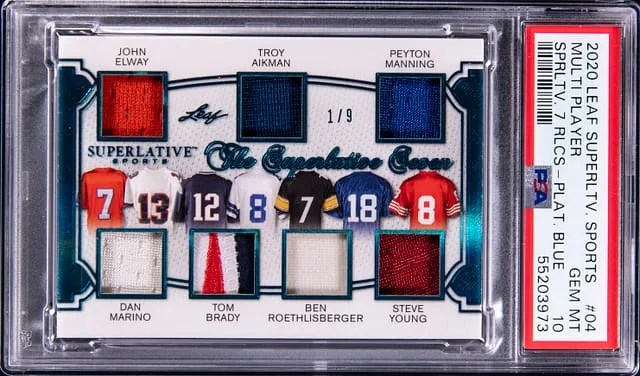 2020 Leaf John Elway/Troy Aikman/Peyton Manning/Dan Marino/Tom Brady/Ben Roethlisberger/Steve Young Superlative Sports Superlative Seven Relics Platinum Blue #04 card image