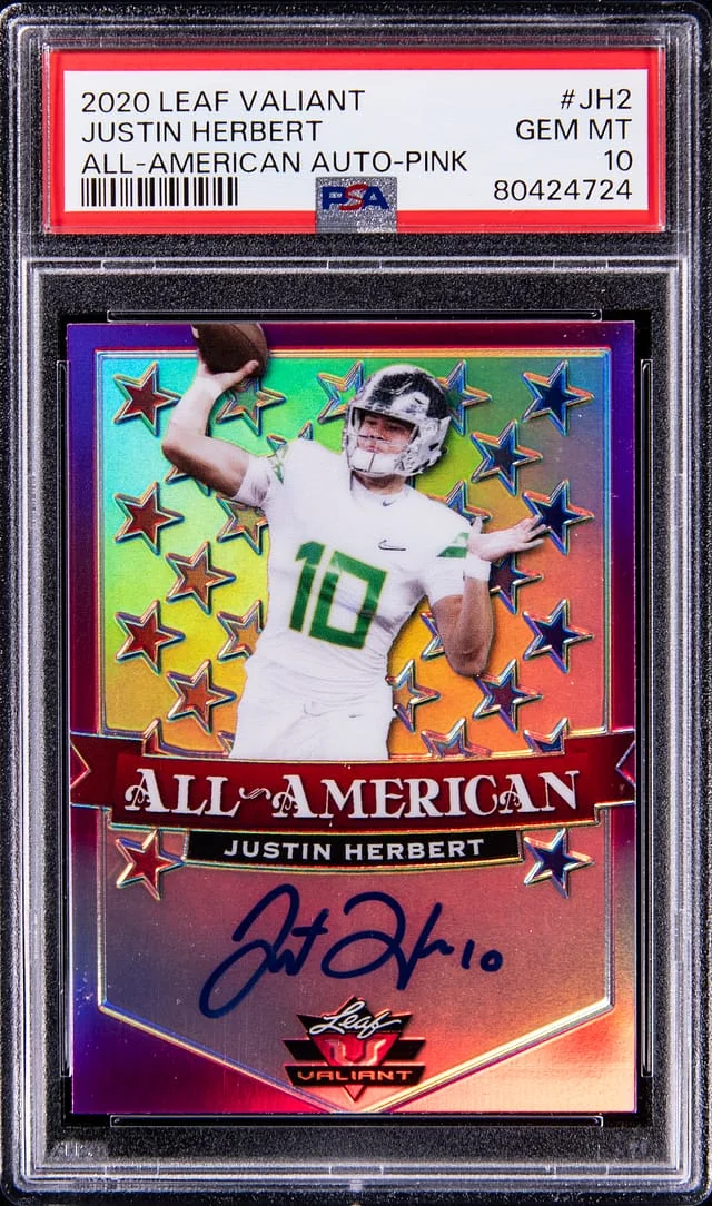2020 Leaf Justin Herbert Valiant All-American Autograph Pink #AA-JH2 card image