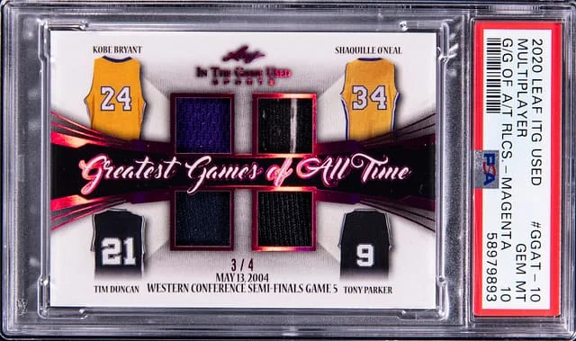 2020 Leaf Kobe Bryant/Shaquille Oneal/Tim Duncan/Tony Parker In The Game Used Greatest Games of All Time Relics Magenta #GGAT-10 card image