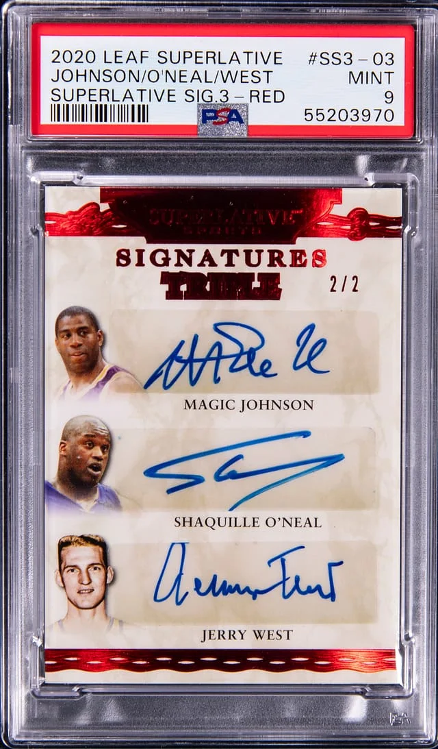2020 Leaf Magic Johnson/Shaquille ONeal/Jerry West Triple-Signed Superlative Signatures Triple Red #SS3-03 card image
