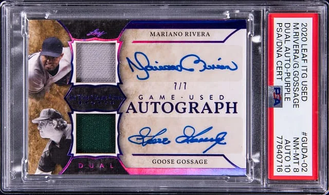 2020 Leaf Mariano Rivera/Goose Gossage In The Game Used Dual Autographs Purple #GUDA-02 card image