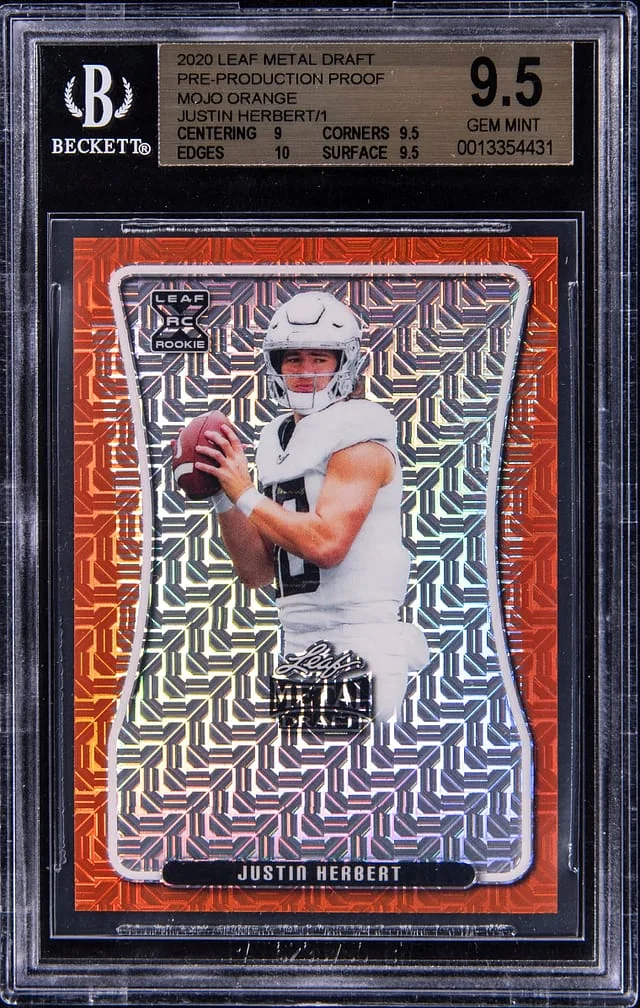 2020 Leaf Metal Draft Pre-Production Proof Mojo Orange Justin Herbert #no-number card image
