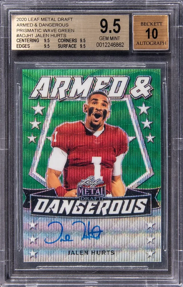 2020 Leaf Metal Jalen Hurts Draft Armed & Dangerous Prismatic Wave Green #AD-JH1 card image