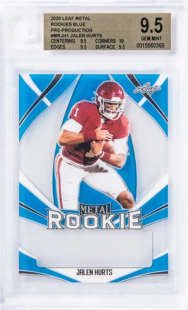 2020 Leaf Metal Jalen Hurts Rookies Blue Pre-Production Proof #MRJH1 card image