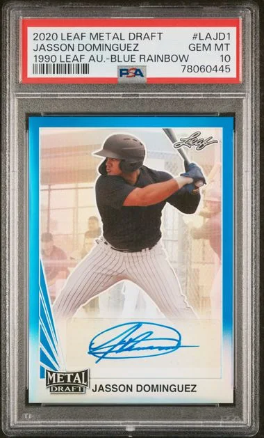 2020 Leaf Metal Jasson Dominguez Draft 1990 Leaf Autographs Blue Rainbow #LAJD1 card image