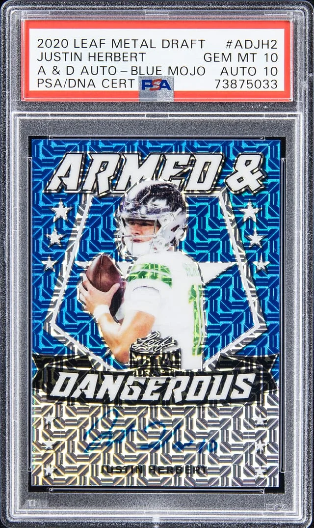 2020 Leaf Metal Justin Herbert Draft Armed & Dangerous Autograph Blue Mojo #ADJH2 card image